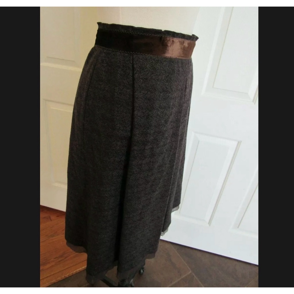 Elie Tahari Mini Skirt Dorian Wool Tweed Velvet Pleated Flowy Designer Brown L